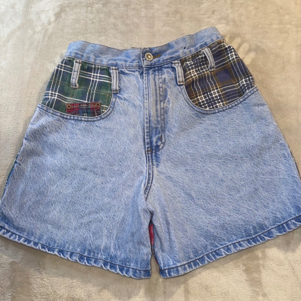 90s Vintage Steel Jeans Plaid Patchwork Denim Shorts Light Wash High Rise Size 3